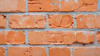 Close-up view of a textured light-orange brick wall showcasing weathered details and mortar joints for architectural design use.