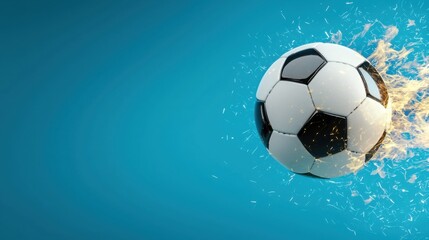 Fototapeta premium A dynamic image of a spinning football surrounded by glowing energy and water splashes captured in mid flight against a vibrant blue background showcasing the power speed and athleticism of the sport