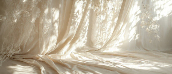 Soft, flowing fabric draped elegantly with delicate floral accents, creating serene atmosphere