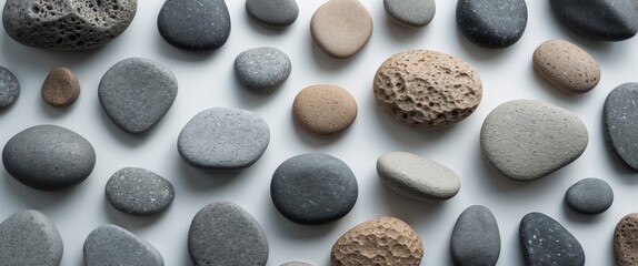 Assorted sea pebbles arranged on a white background showcasing texture and shape diversity in a high-quality photograph.