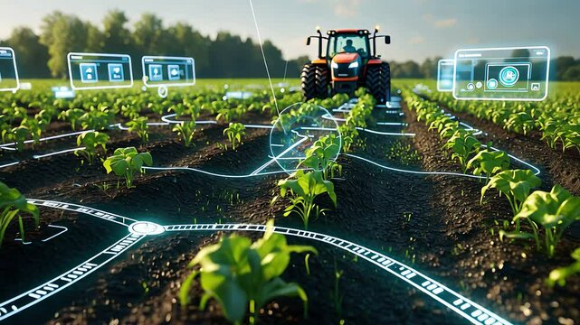 Futuristic Smart Farming with Digital Precision Agriculture Technology and Autonomous Tractor in a Green Crop Field

