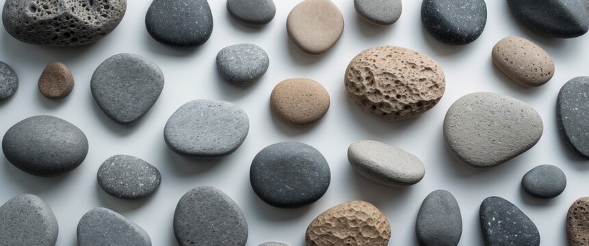 Assorted sea pebbles arranged on a white background showcasing texture and shape diversity in a high-quality photograph.