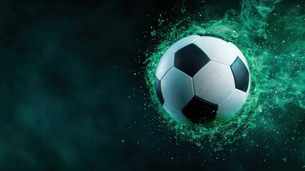 Fototapeta premium A soccer ball illuminated with a vibrant glowing aura is captured mid flight showcasing the dynamic energy and power of this beloved sport The image presents a captivating surreal