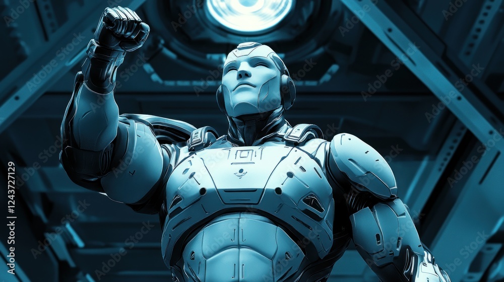 Aufkleber a futuristic robotic figure stands confidently in a high-tech environment.