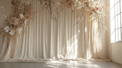 serene boho wedding backdrop featuring soft drapes and floral arrangements. light creates warm atmosphere
