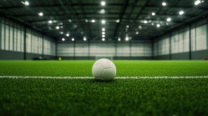 Fototapeta premium A single soccer ball sits on a pristine indoor turf field, illuminated by stadium lights