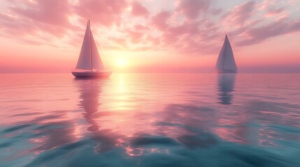Two sailboats at sunset, calm sea.