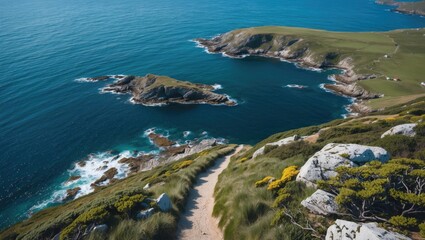 Aerial View of Rocky Bays Along a Coastal Hiking Trail Surrounded by Deep Blue Sea and Lush Greenery on Sunny Day
