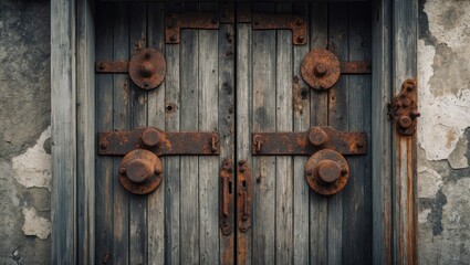 Aged wooden door with rusty metal elements showcasing a grunge texture and vintage appeal in a vertical composition.
