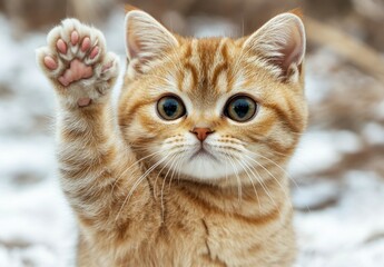 Fototapeta premium Adorable fluffy orange cat with big expressive eyes raising paw in a snowy outdoor setting, conveying a curious and playful demeanor of a young feline