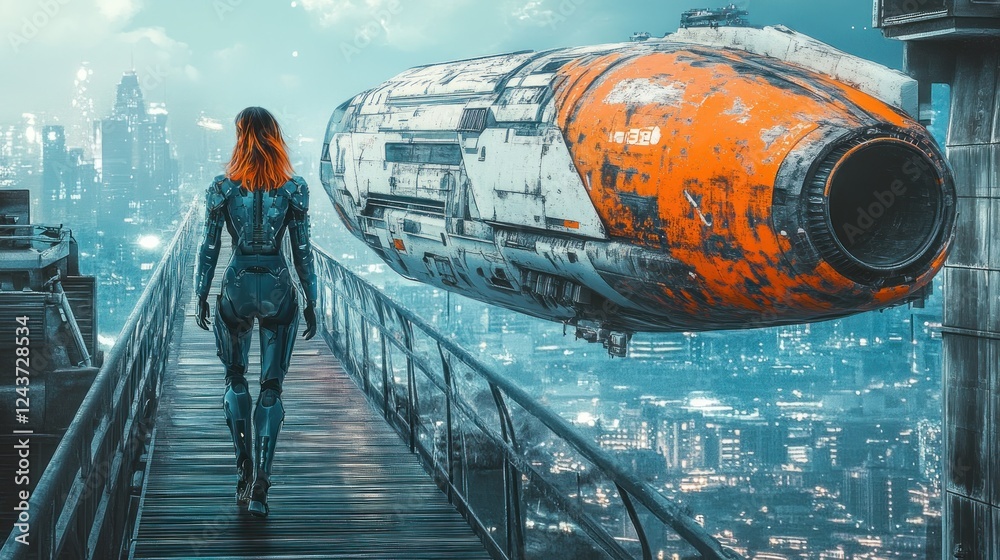 Aufkleber a futuristic scene with a figure walking towards a spaceship over a cityscape.