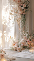 Elegant floral arrangement with soft lighting, perfect for romantic wedding