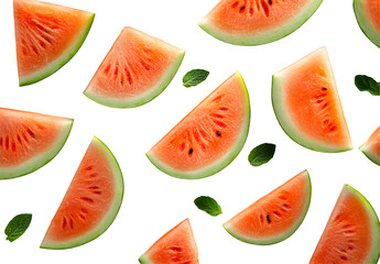 Watermelon Slices Isolated on White Background, Summer Fruit Pattern