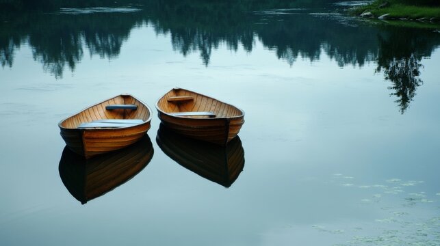 Serene Lake Scene with Wooden Boats - Tranquil Reflection of Nature