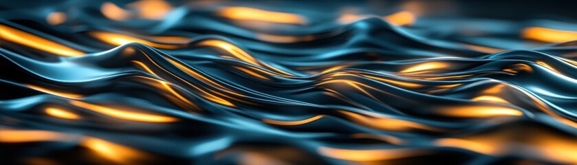 Abstract futuristic waves of metallic blue and gold hues showcase dynamic energy flow The kinetic interplay of colors evokes a sense of futuristic architecture, like a wind-powered futuristic