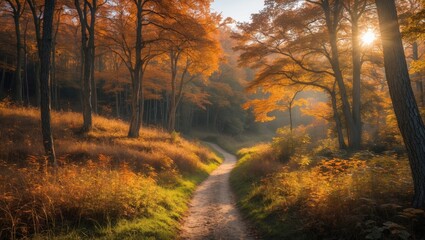 Obraz premium Scenic Autumn Hiking Trail Through Enchanting Woodland Bathed In Warm Sunlight Natural Beauty And Tranquility In Nature Landscape Photography