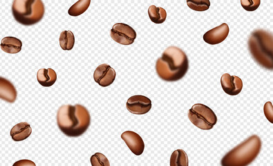 Falling coffee beans isolated on transparent background. Blurred coffee grains flying. Roasted arabica beans Realistic 3d Vector illustration.