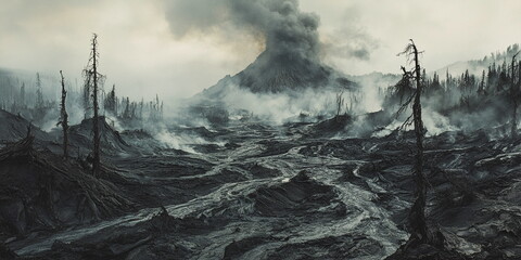 wasteland after a volcanic eruption, scorched field and frozen lava