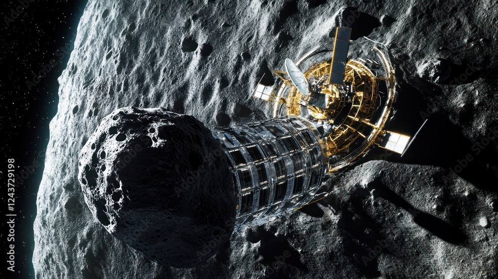 Poster a futuristic spacecraft docked on an asteroid, showcasing space exploration technology.