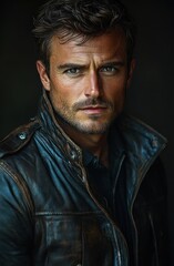 Obraz premium Dramatic Portrait of Intense Man in Black Leather Jacket with Chiaroscuro Lighting