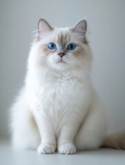 Adorable fluffy white cat with striking blue eyes sitting gracefully against a light backdrop in a serene indoor setting