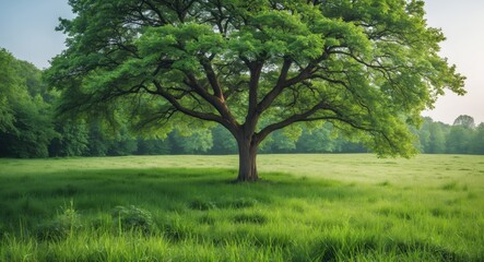 Fototapeta premium Majestic green tree standing in a serene meadow with lush grass and ample empty space for customizable text or branding elements.
