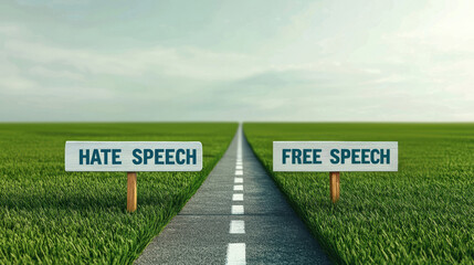 A pathway divides two signs labeled "HATE SPEECH" and "FREE SPEECH," symbolizing the contrast between opposing views on speech rights in a serene landscape.