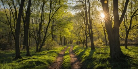 Sunlit Woodland Pathway in Springtime Nature with Dappled Sunlight Illuminating Lush Green Foliage and Empty Copy Space for Text