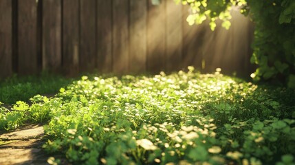 A thriving patch of green parsley growing in a rustic backyard, glowing under the warm morning sun