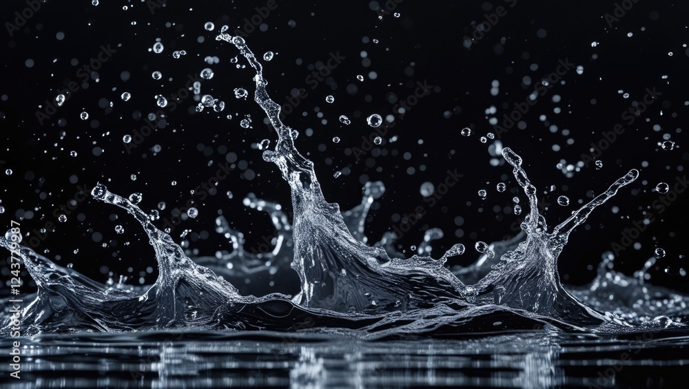 Poster vivid water splashes creating dynamic patterns against a solid black background highlighting motion 
