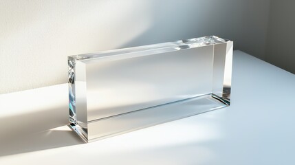 Sleek Clear Acrylic Block on White Surface with Natural Light Reflection
