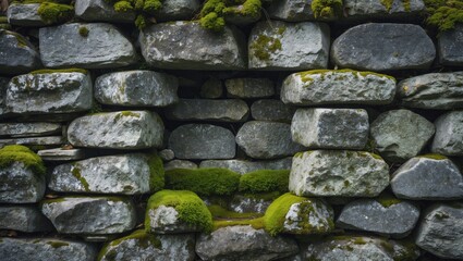 Naklejka premium Moss-covered stone wall showcasing ancient craftsmanship and natural beauty in a serene outdoor setting