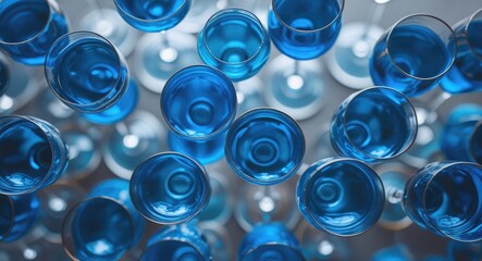 Abstract arrangement of elegant blue glass wine glasses creating a visually striking textured background for creative designs and promotions.