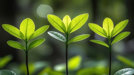 Three young shoots emerge from forest floor, bathed in sunlight