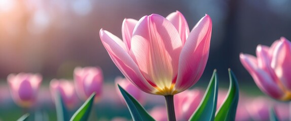 Fototapeta premium Beautiful pink tulip blooming towards the sunlight with a softly blurred background creating a serene garden atmosphere.