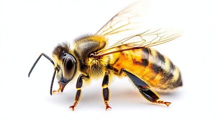 A detailed close-up captures a honey bee, highlighting its distinct features and colors. This scene reflects the importance of bees in organics and sustainable agriculture.