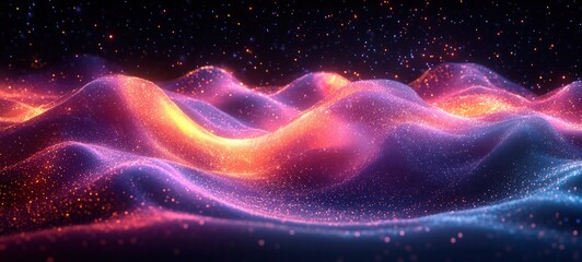 Fototapeta premium Dynamic Wave Pattern of Glowing Dots in Gradient from Purple to Teal on Black Background