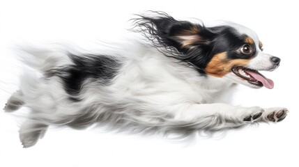 Tricolor Papillon Dog Running Against White Background