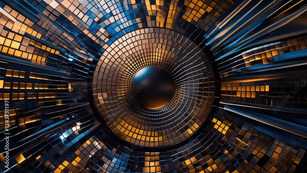 Poster vibrant abstract background featuring a dynamic circular pattern with reflective tiles in hues of bl