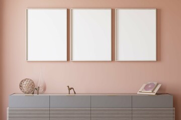 close up poster framed on the wall in simple living room interior background with wooden credenza. 3d illustration