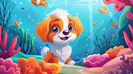 Cartoon dog face with a fish, underwater background with coral