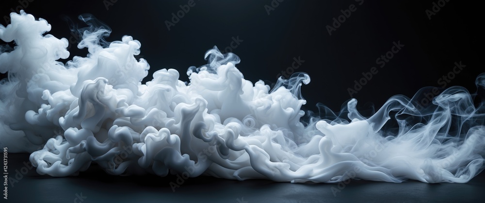 Poster dynamic white smoke patterns swirling against a dark background creating an abstract ethereal atmosp