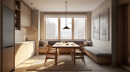 Fototapeta premium Sunlit minimalist dining area with built-in bench seating and wooden table.