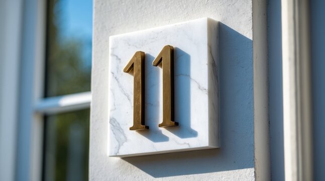 Elegant white marble house number plaque with bronze digits 11 on a bright wall, perfect for home address signage in modern architecture.