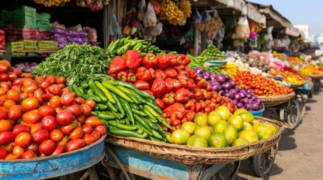 Bustling outdoor marketplace filled with an abundant display of fresh produce goods and vendors offering a vibrant and diverse array of local organic and seasonal offerings for shoppers