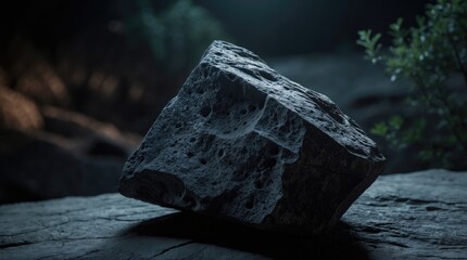 Medium shot of a textured rock formation in low light, set against a natural backdrop that enhances its rugged features and ambiance.