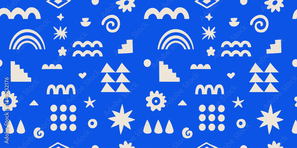 Poster vector seamless pattern in simple floral wavy and groovy naive style, ocean and vacation theme, flow