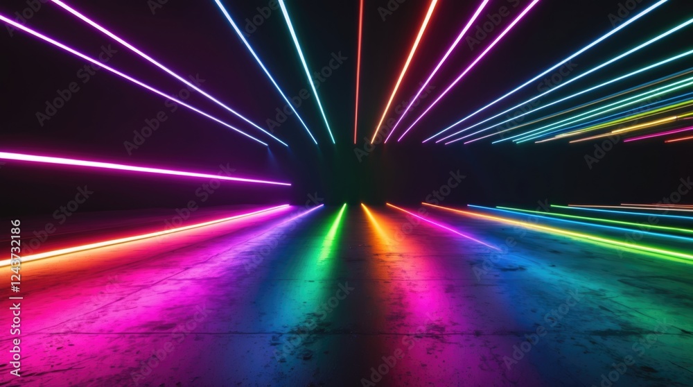 Poster vibrant neon electric lines in a colorful gradient illuminating a dark studio background creating a 