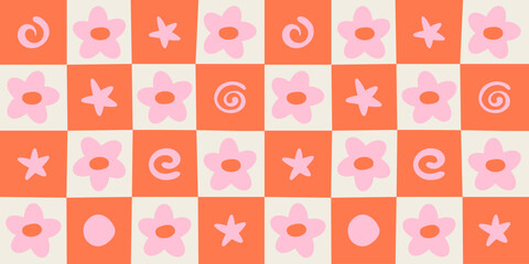 Vector seamless pattern in simple floral wavy and groovy naive style, ocean and vacation theme,  flowers and plants, floral botanic hand drawn design templates, modern art prints, surface design