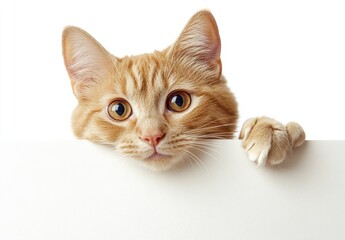 Fototapeta premium Adorable ginger cat with striking eyes peeking over a white surface, showcasing curiosity and playful spirit in a light and bright setting